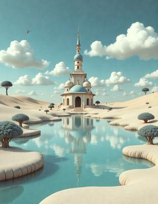 The primary subject of the image is a large, white, and blue church with a tall tower. The church is situated in a desert-like environment, surrounded by sand dunes and a body of water. The visual style of the image is a digital art or illustration, creating a surreal and serene atmosphere. The colors and mood of the image are predominantly white, blue, and sandy tones, giving the scene a peaceful and tranquil ambiance.